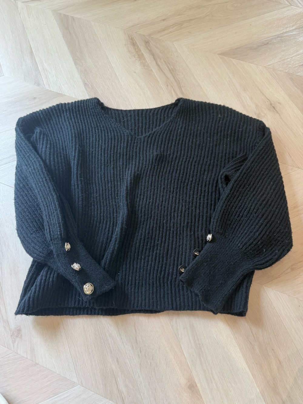 Black V-Neck Ribbed Sweater with Decorative Button Cuffs